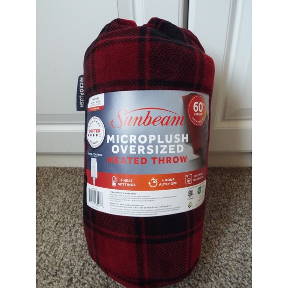 Sunbeam Other - Sunbeam Microplush Oversized Heated Throw Red Black Plaid 60x80 NEW